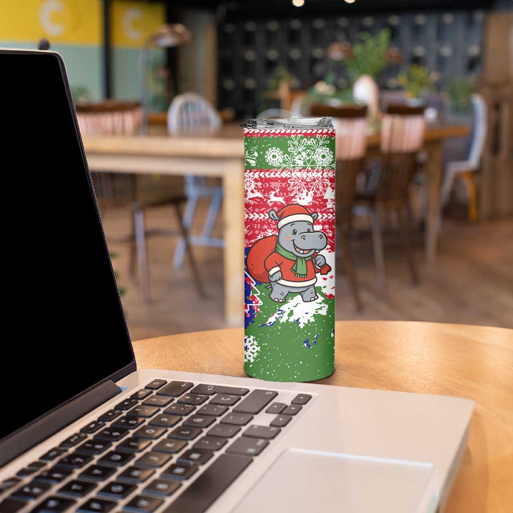 Gambia Christmas Skinny Tumbler with Santa Hippo National Coat of Arms Snowflakes and Festive Holiday - Wonder Print Shop