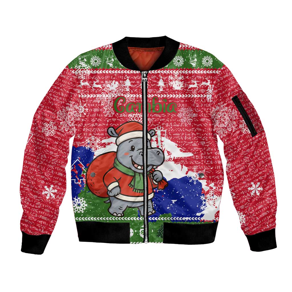 Gambia Christmas Sleeve Zip Bomber Jacket with Santa Hippo National Coat of Arms Snowflakes and Festive Holiday - Wonder Print Shop