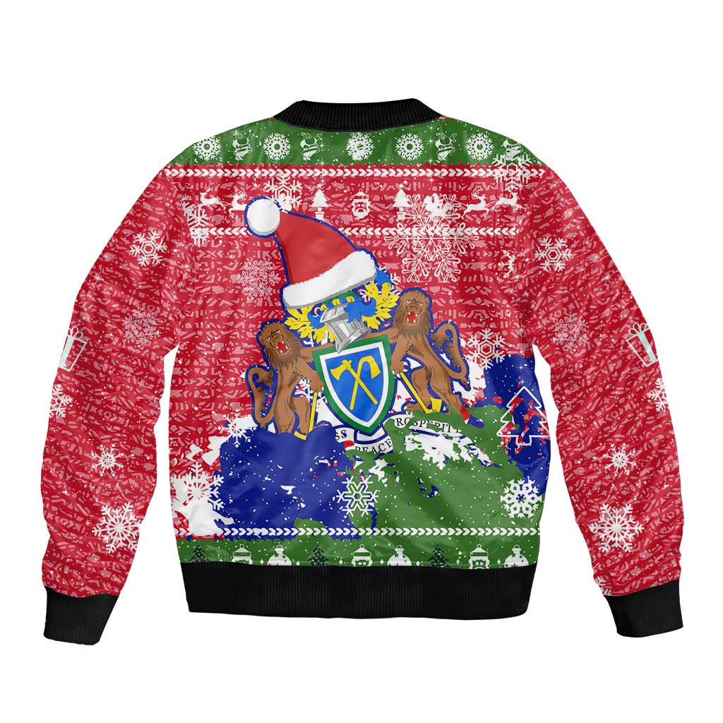 Gambia Christmas Sleeve Zip Bomber Jacket with Santa Hippo National Coat of Arms Snowflakes and Festive Holiday - Wonder Print Shop