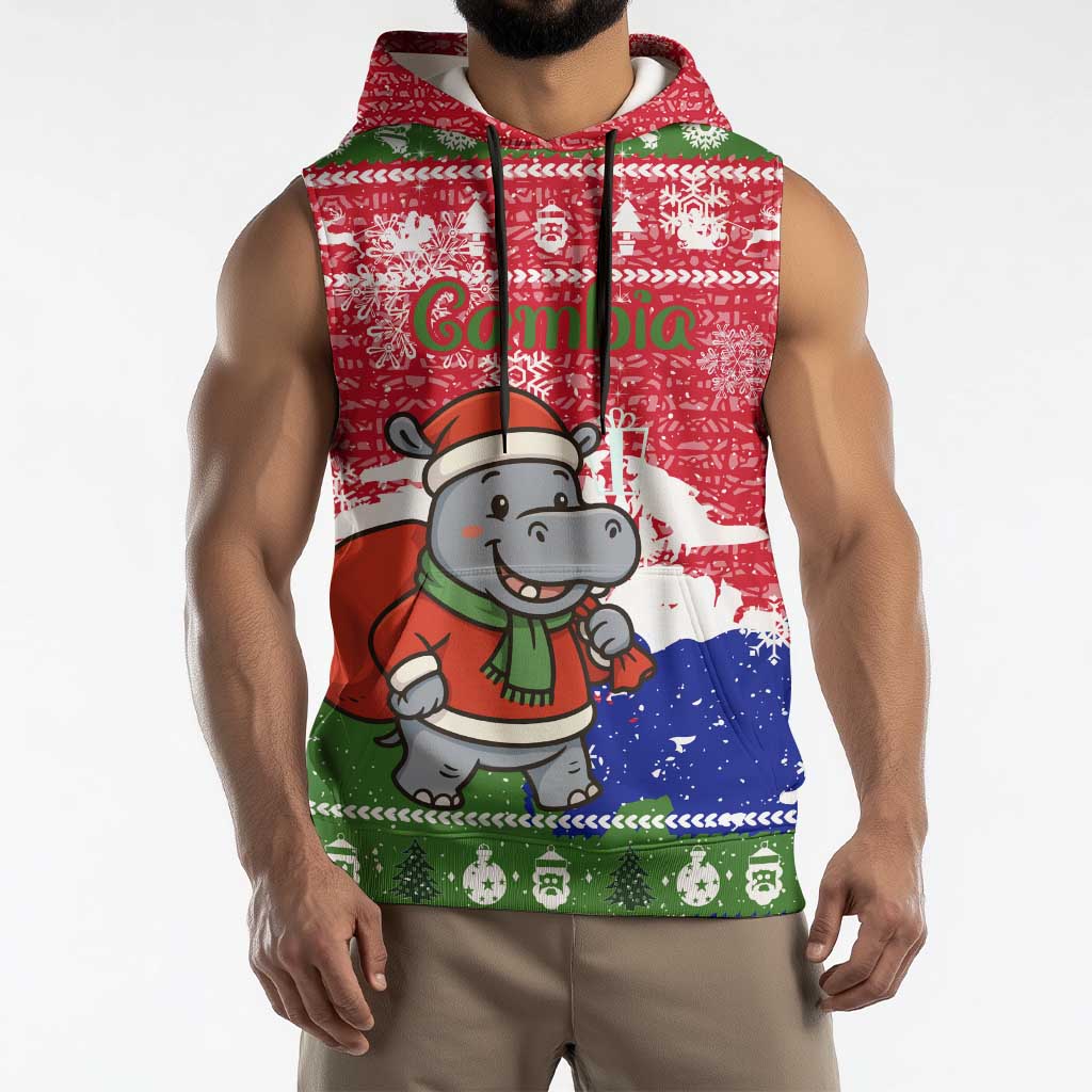 Gambia Christmas Sleeveless Hoodie with Santa Hippo National Coat of Arms Snowflakes and Festive Holiday - Wonder Print Shop