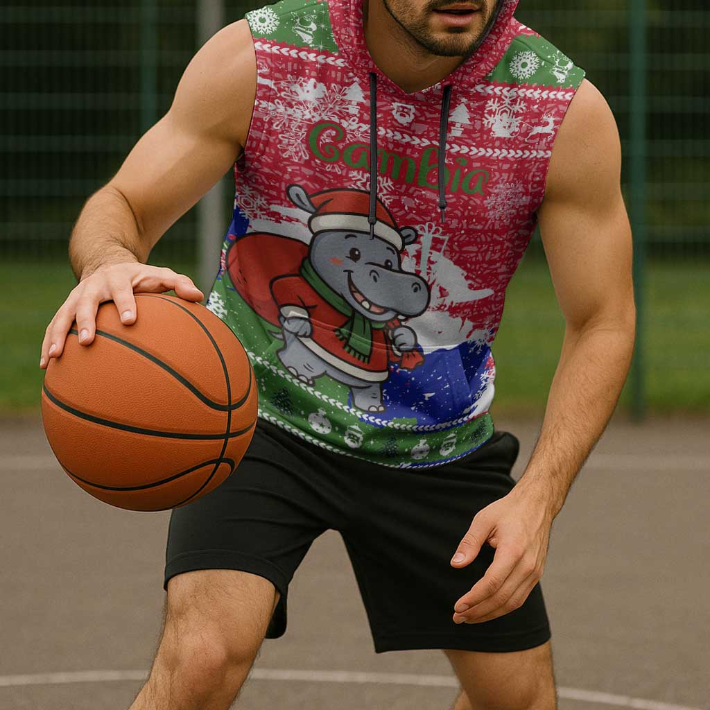 Gambia Christmas Sleeveless Hoodie with Santa Hippo National Coat of Arms Snowflakes and Festive Holiday - Wonder Print Shop