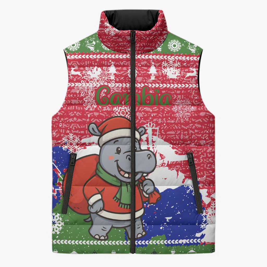 Gambia Christmas Sleeveless Puffer Jacket with Santa Hippo National Coat of Arms Snowflakes and Festive Holiday - Wonder Print Shop
