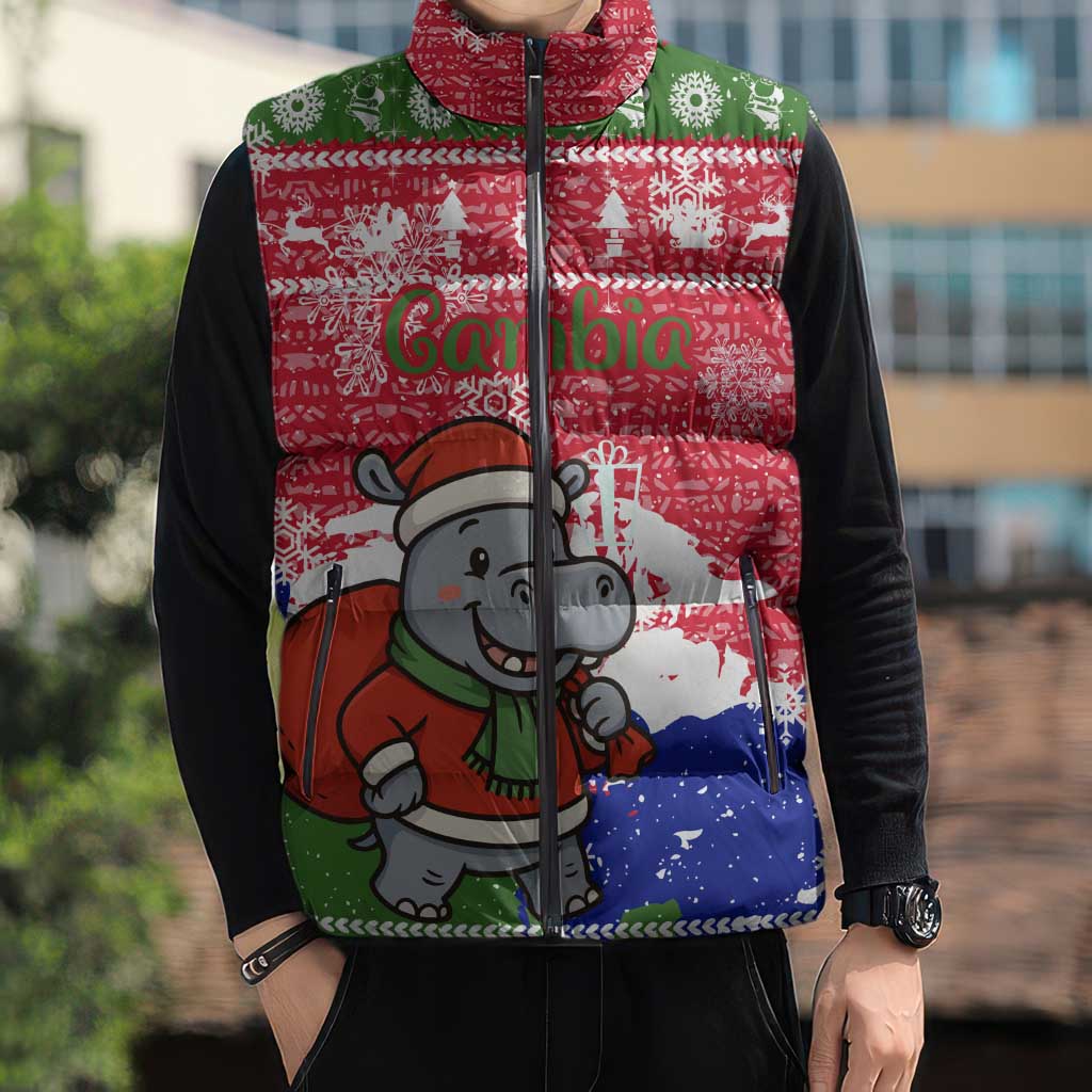 Gambia Christmas Sleeveless Puffer Jacket with Santa Hippo National Coat of Arms Snowflakes and Festive Holiday - Wonder Print Shop