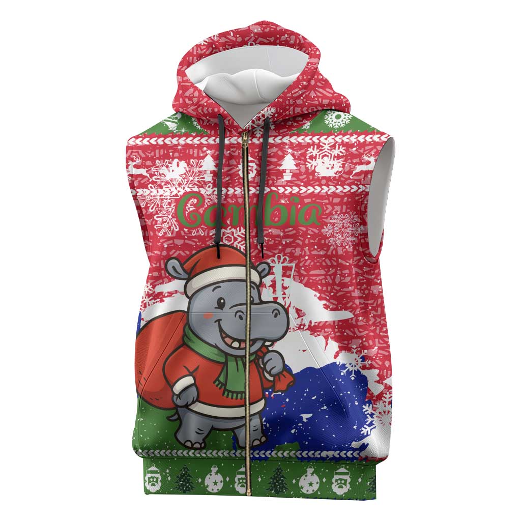Gambia Christmas Sleeveless Zip Hoodie with Santa Hippo National Coat of Arms Snowflakes and Festive Holiday - Wonder Print Shop