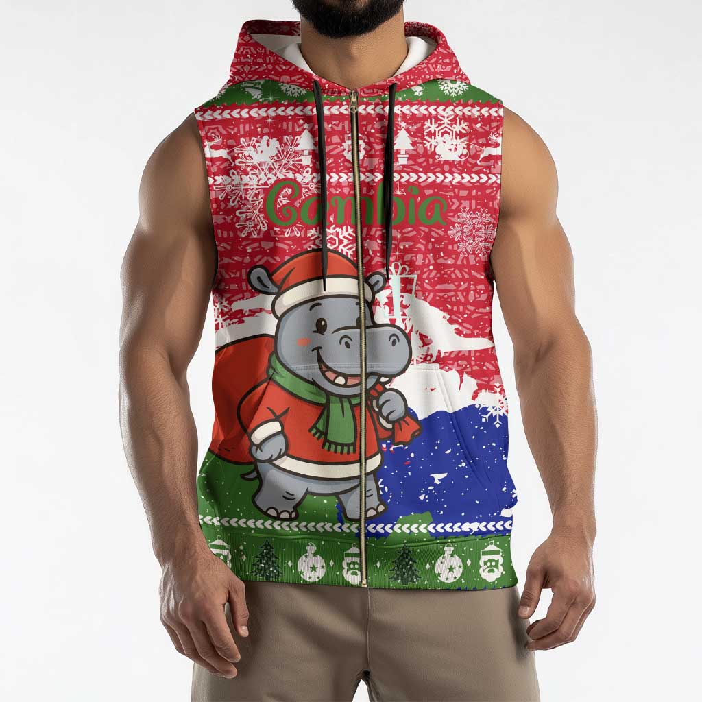 Gambia Christmas Sleeveless Zip Hoodie with Santa Hippo National Coat of Arms Snowflakes and Festive Holiday - Wonder Print Shop