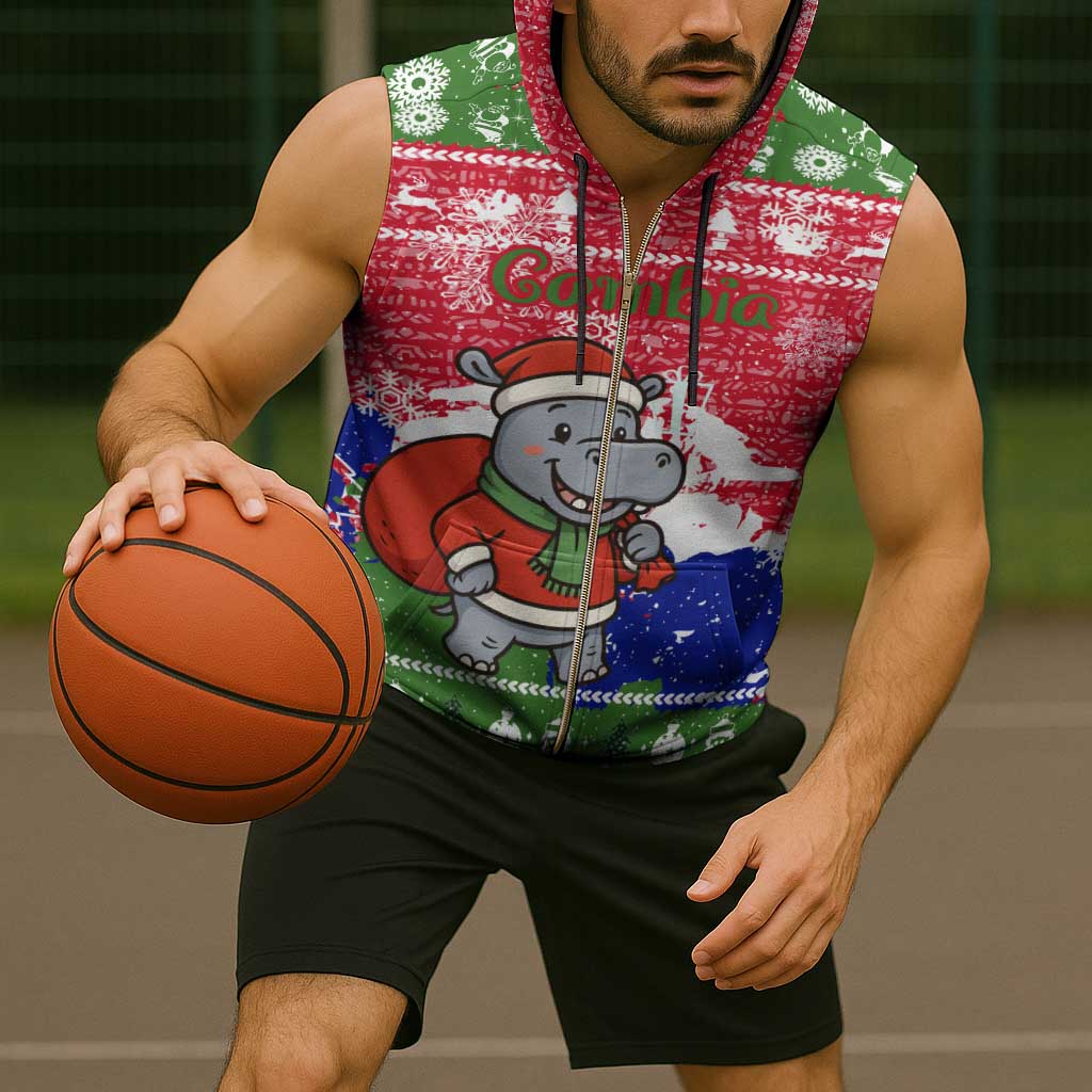 Gambia Christmas Sleeveless Zip Hoodie with Santa Hippo National Coat of Arms Snowflakes and Festive Holiday - Wonder Print Shop