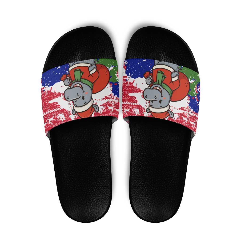 Gambia Christmas Slide Sandals with Santa Hippo National Coat of Arms Snowflakes and Festive Holiday - Wonder Print Shop