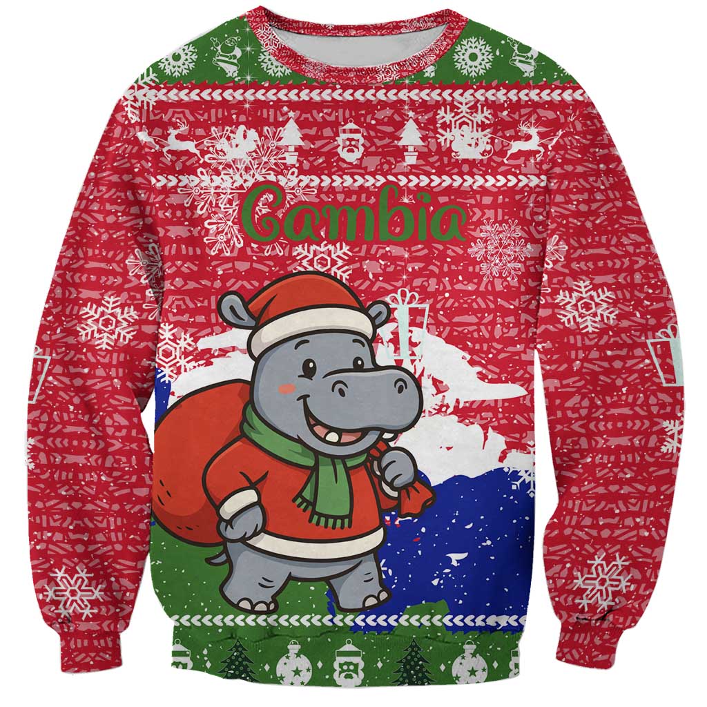 Gambia Christmas Sweatshirt with Santa Hippo National Coat of Arms Snowflakes and Festive Holiday - Wonder Print Shop
