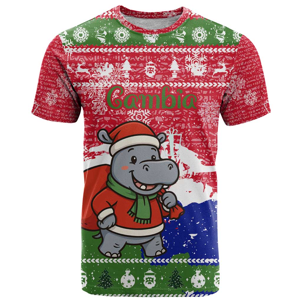 Gambia Christmas T Shirt with Santa Hippo National Coat of Arms Snowflakes and Festive Holiday - Wonder Print Shop