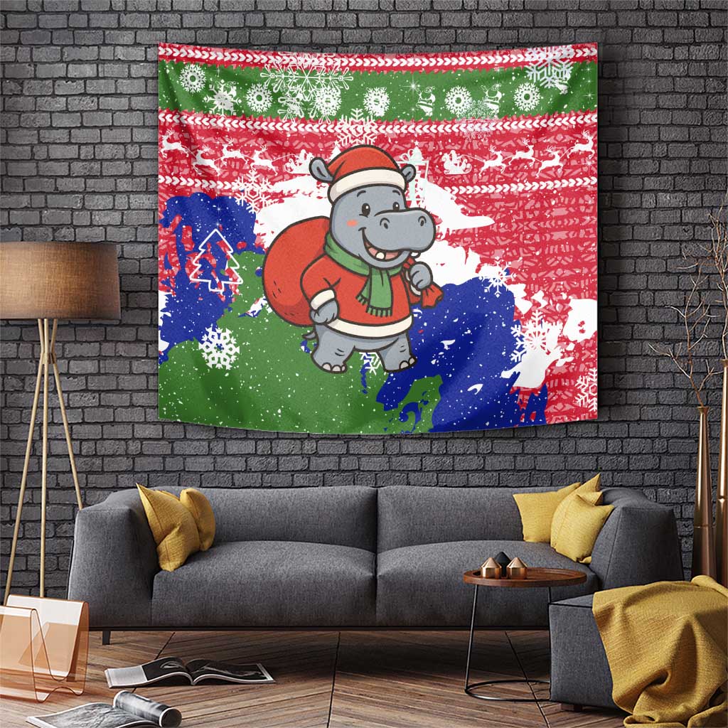 Gambia Christmas Tapestry with Santa Hippo National Coat of Arms Snowflakes and Festive Holiday - Wonder Print Shop