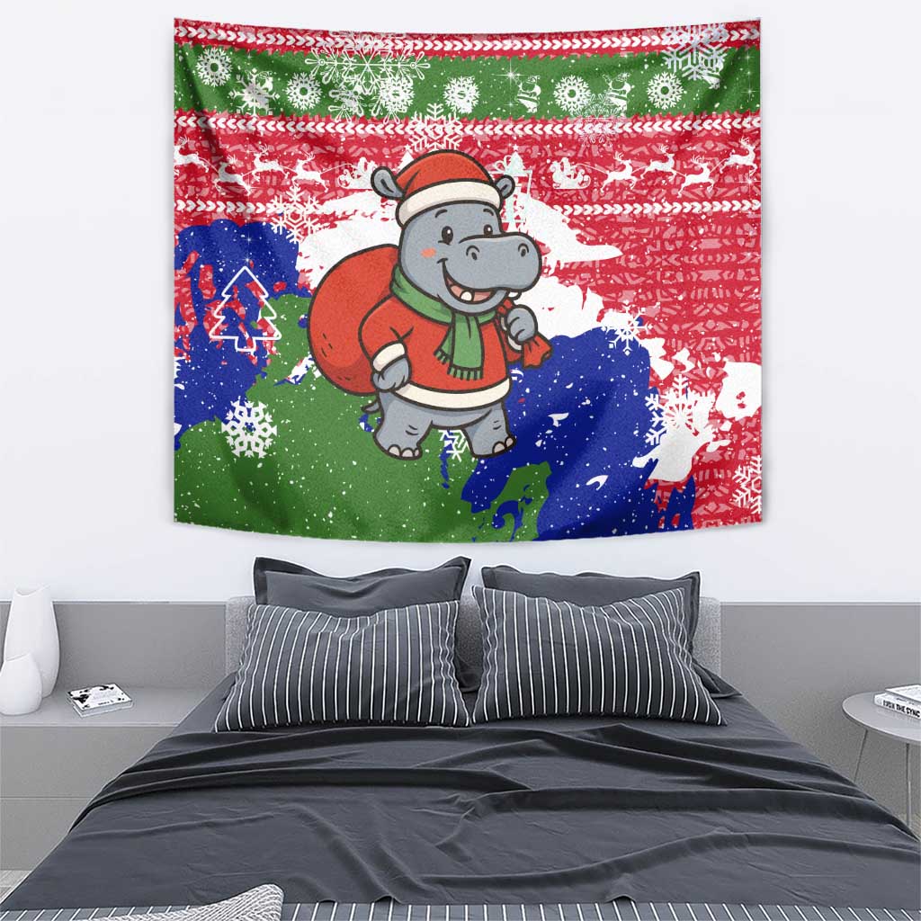 Gambia Christmas Tapestry with Santa Hippo National Coat of Arms Snowflakes and Festive Holiday - Wonder Print Shop