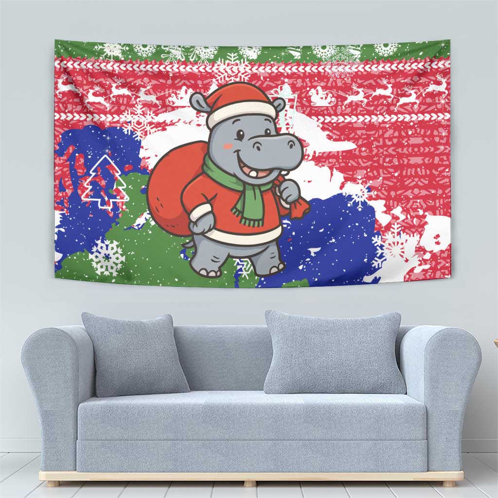 Gambia Christmas Tapestry with Santa Hippo National Coat of Arms Snowflakes and Festive Holiday - Wonder Print Shop