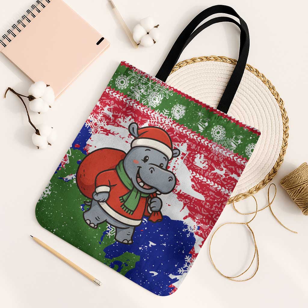Gambia Christmas Tote Bag with Santa Hippo National Coat of Arms Snowflakes and Festive Holiday - Wonder Print Shop