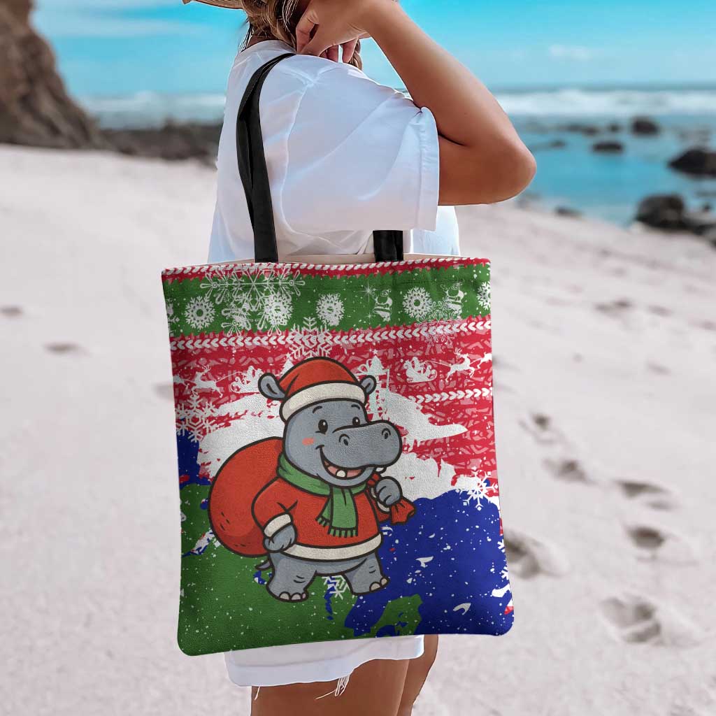 Gambia Christmas Tote Bag with Santa Hippo National Coat of Arms Snowflakes and Festive Holiday - Wonder Print Shop