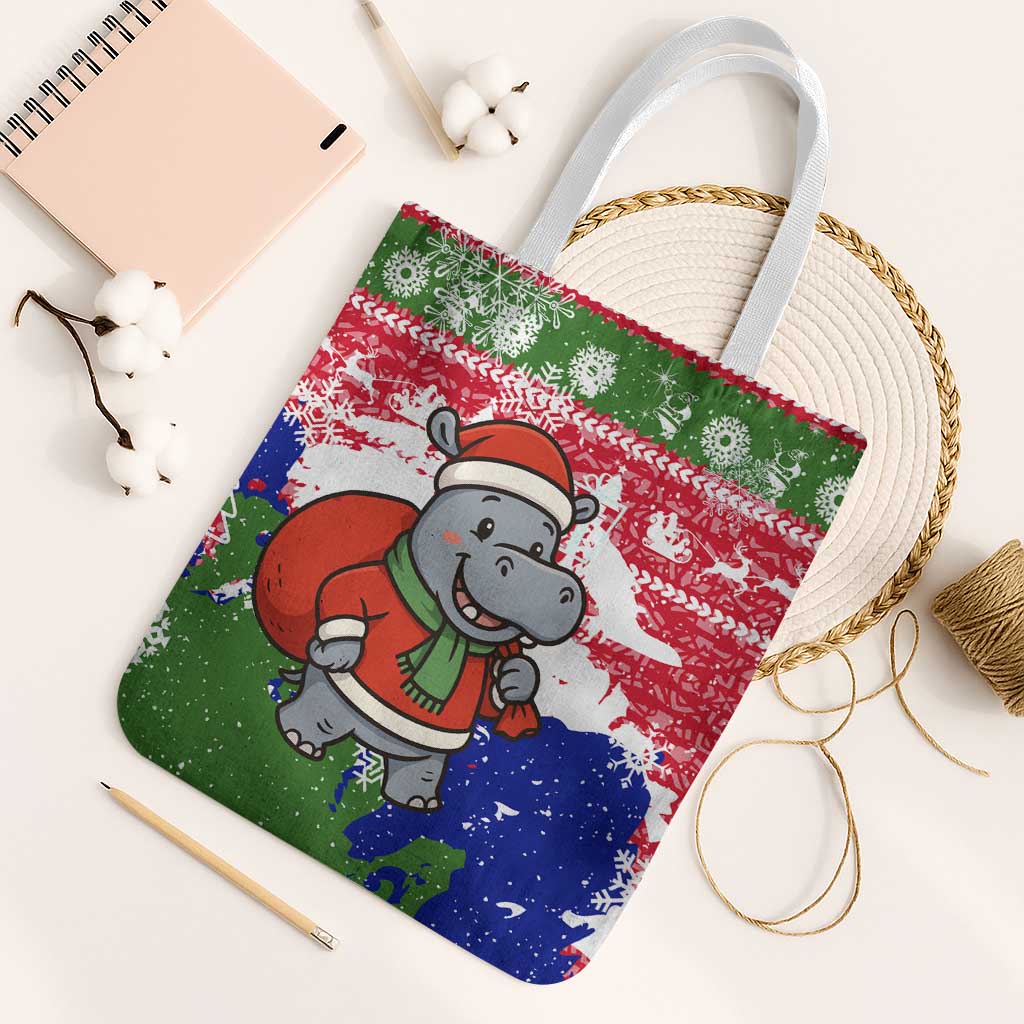 Gambia Christmas Tote Bag with Santa Hippo National Coat of Arms Snowflakes and Festive Holiday - Wonder Print Shop