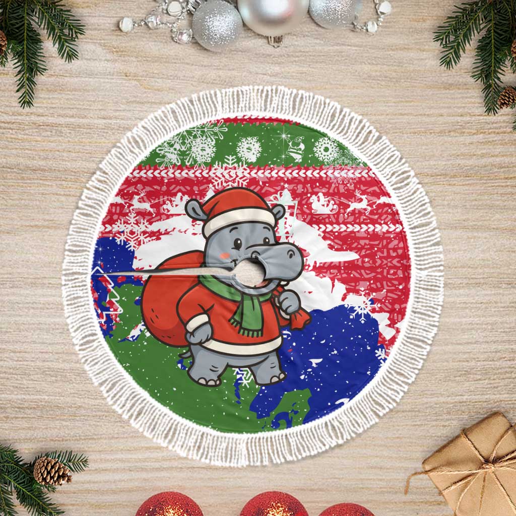Gambia Christmas Tree Skirt with Santa Hippo National Coat of Arms Snowflakes and Festive Holiday - Wonder Print Shop
