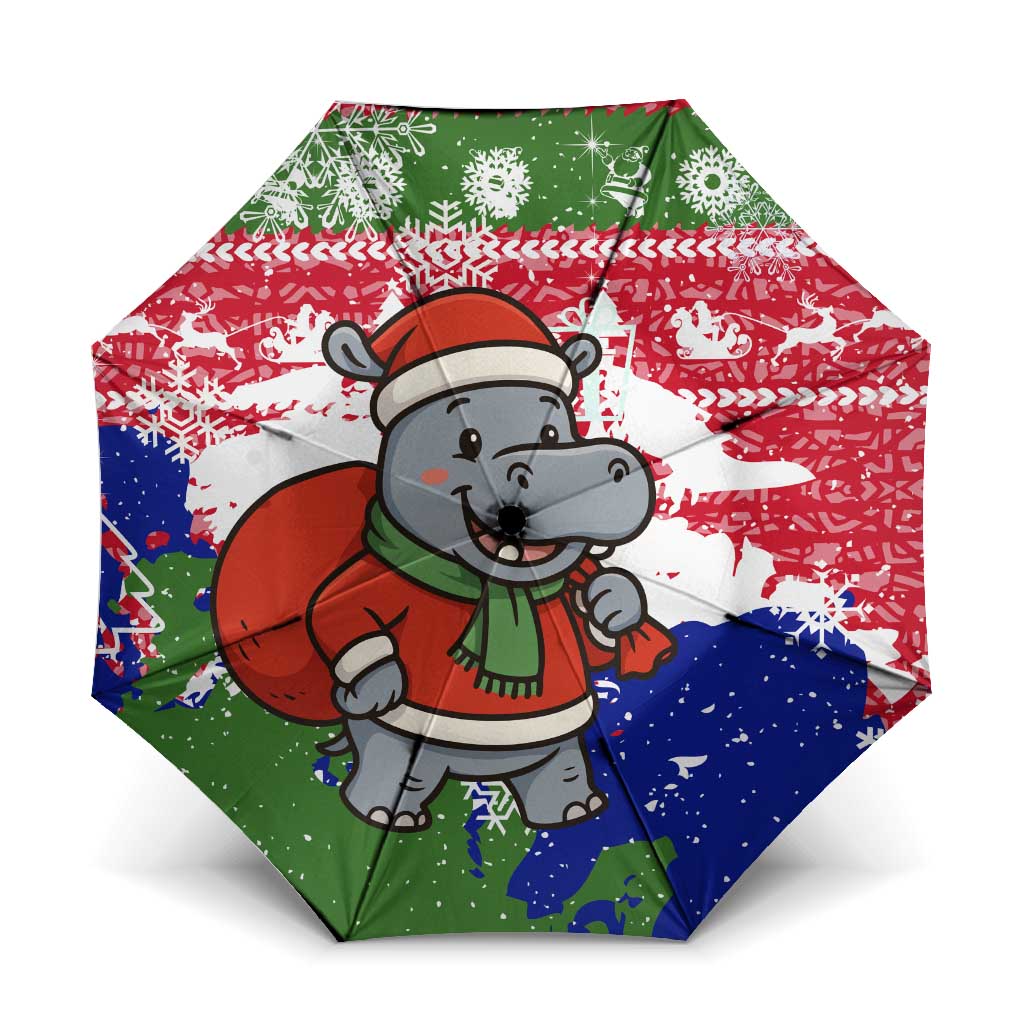 Gambia Christmas Umbrella with Santa Hippo National Coat of Arms Snowflakes and Festive Holiday - Wonder Print Shop