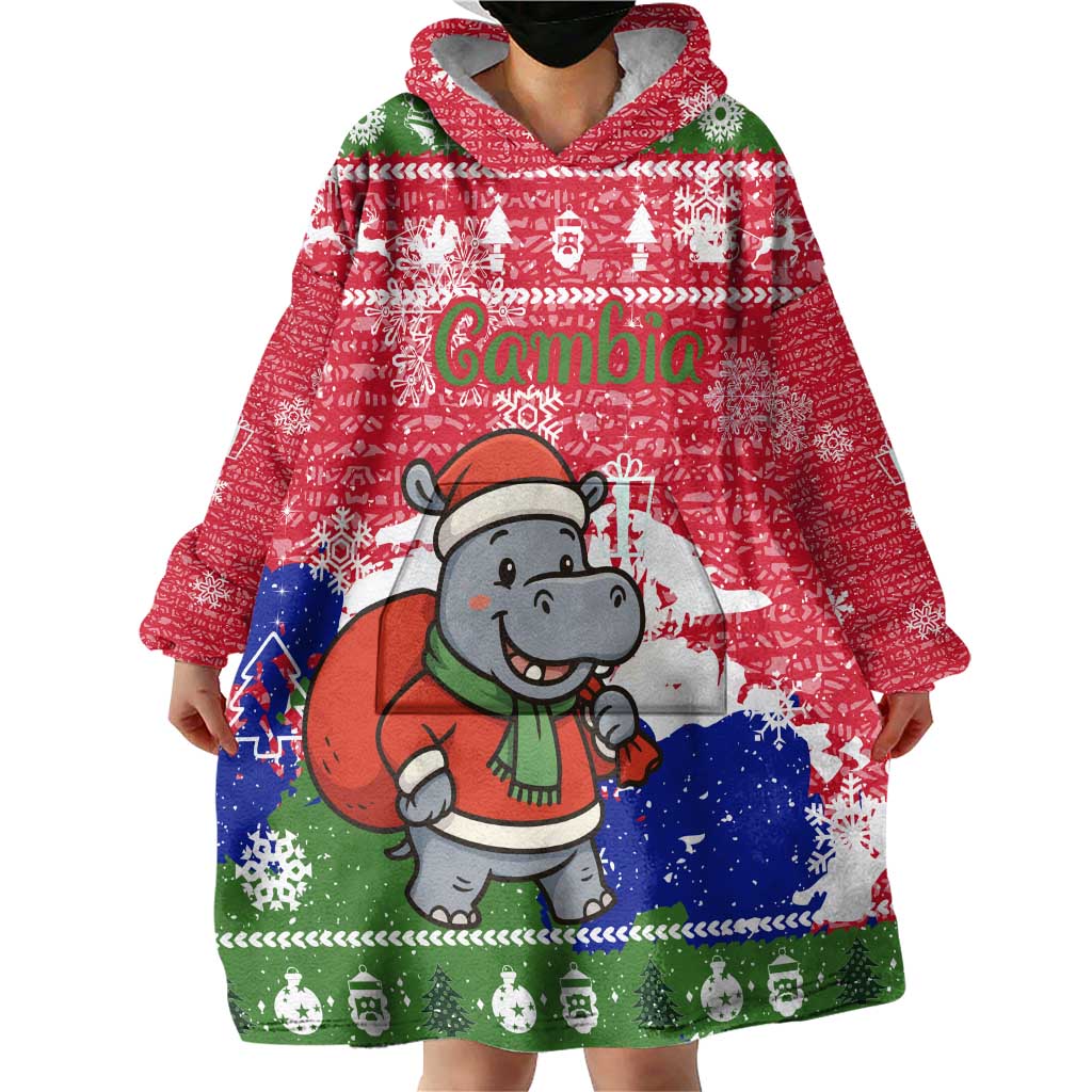 Gambia Christmas Wearable Blanket Hoodie with Santa Hippo National Coat of Arms Snowflakes and Festive Holiday - Wonder Print Shop