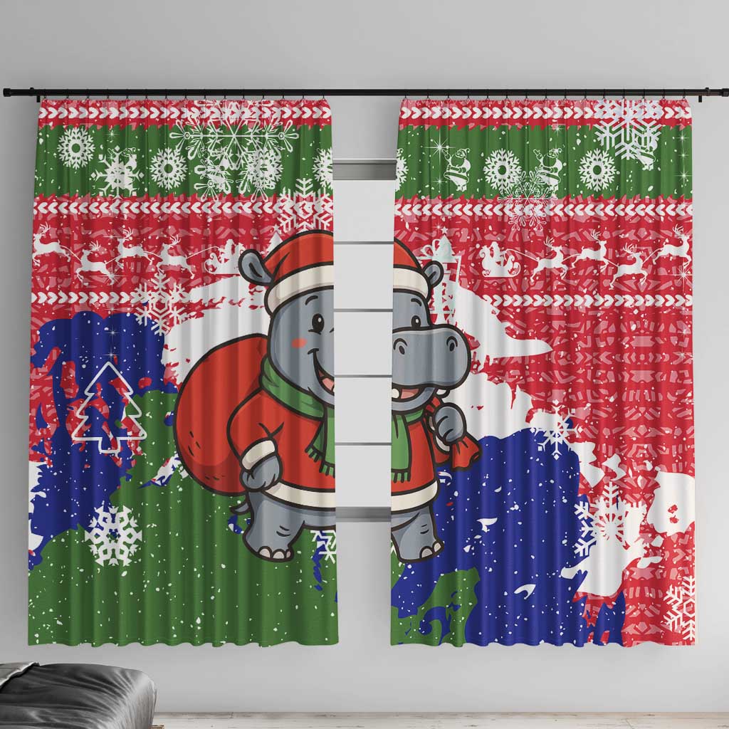 Gambia Christmas Window Curtain with Santa Hippo National Coat of Arms Snowflakes and Festive Holiday - Wonder Print Shop