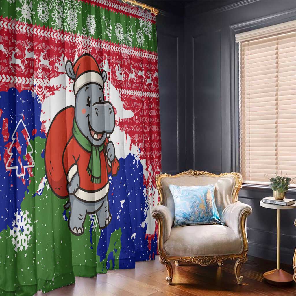 Gambia Christmas Window Curtain with Santa Hippo National Coat of Arms Snowflakes and Festive Holiday - Wonder Print Shop