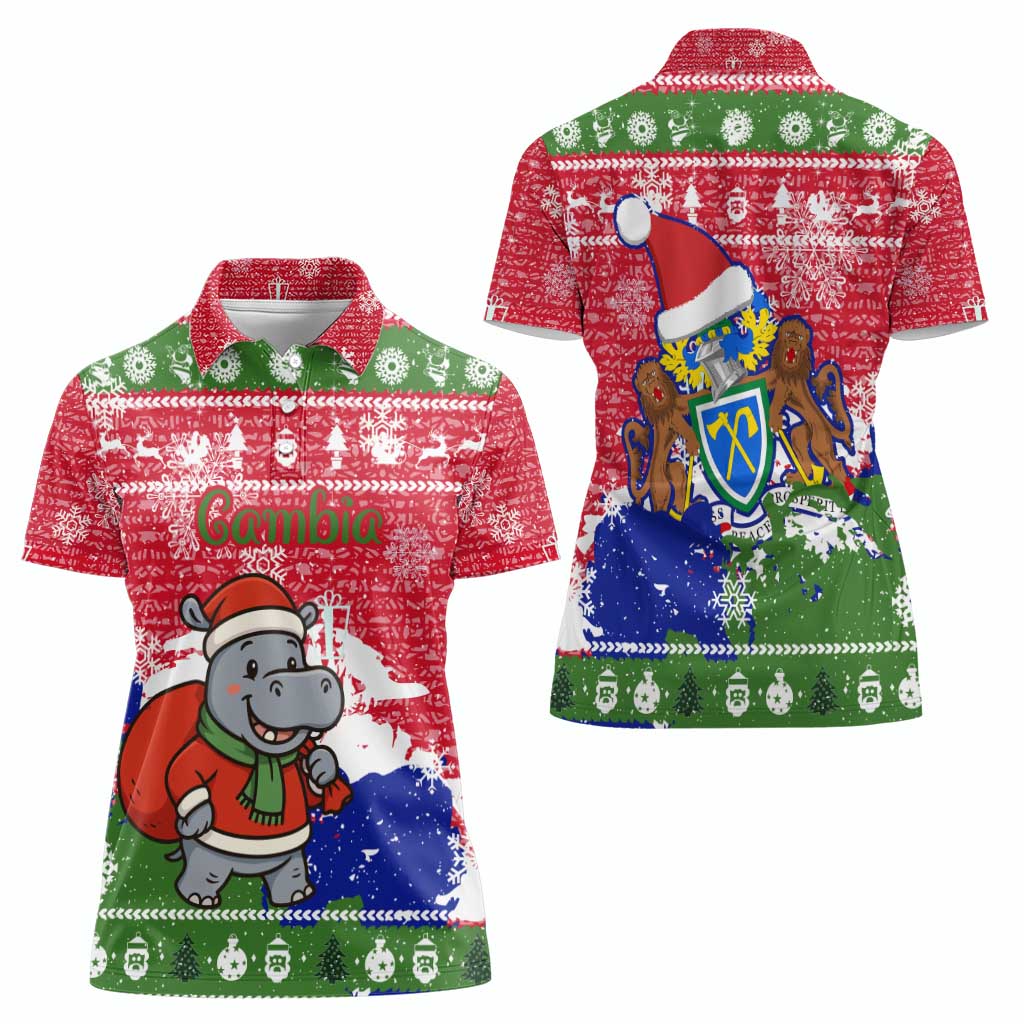 Gambia Christmas Women Polo Shirt with Santa Hippo National Coat of Arms Snowflakes and Festive Holiday - Wonder Print Shop