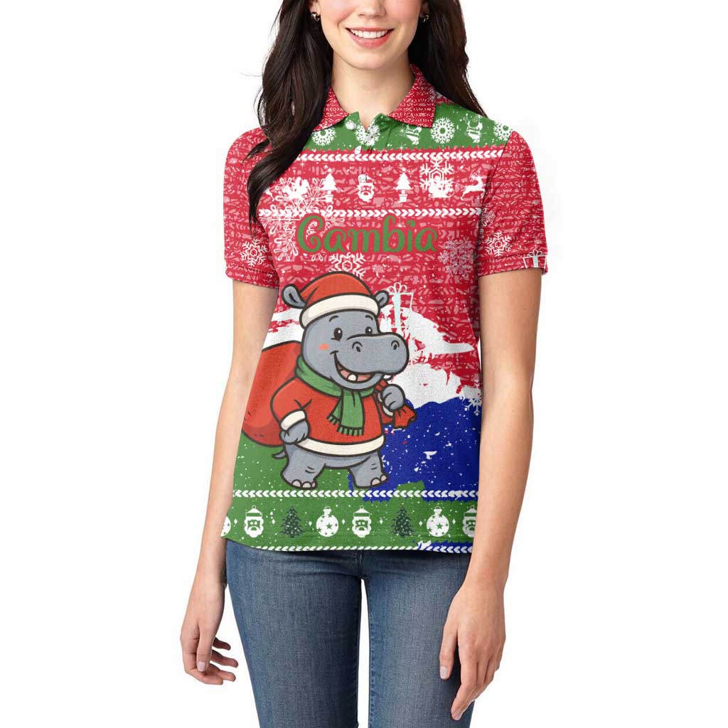 Gambia Christmas Women Polo Shirt with Santa Hippo National Coat of Arms Snowflakes and Festive Holiday - Wonder Print Shop