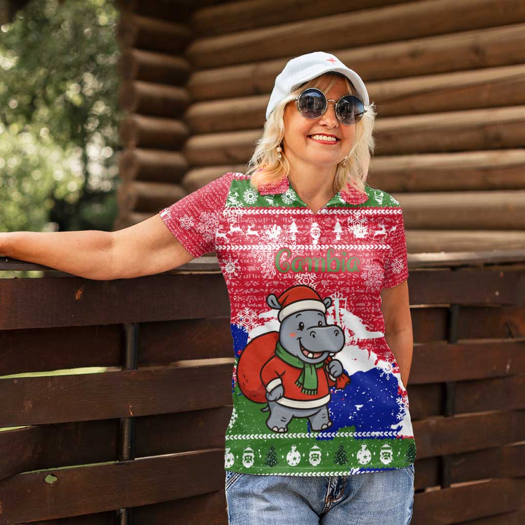 Gambia Christmas Women Polo Shirt with Santa Hippo National Coat of Arms Snowflakes and Festive Holiday - Wonder Print Shop