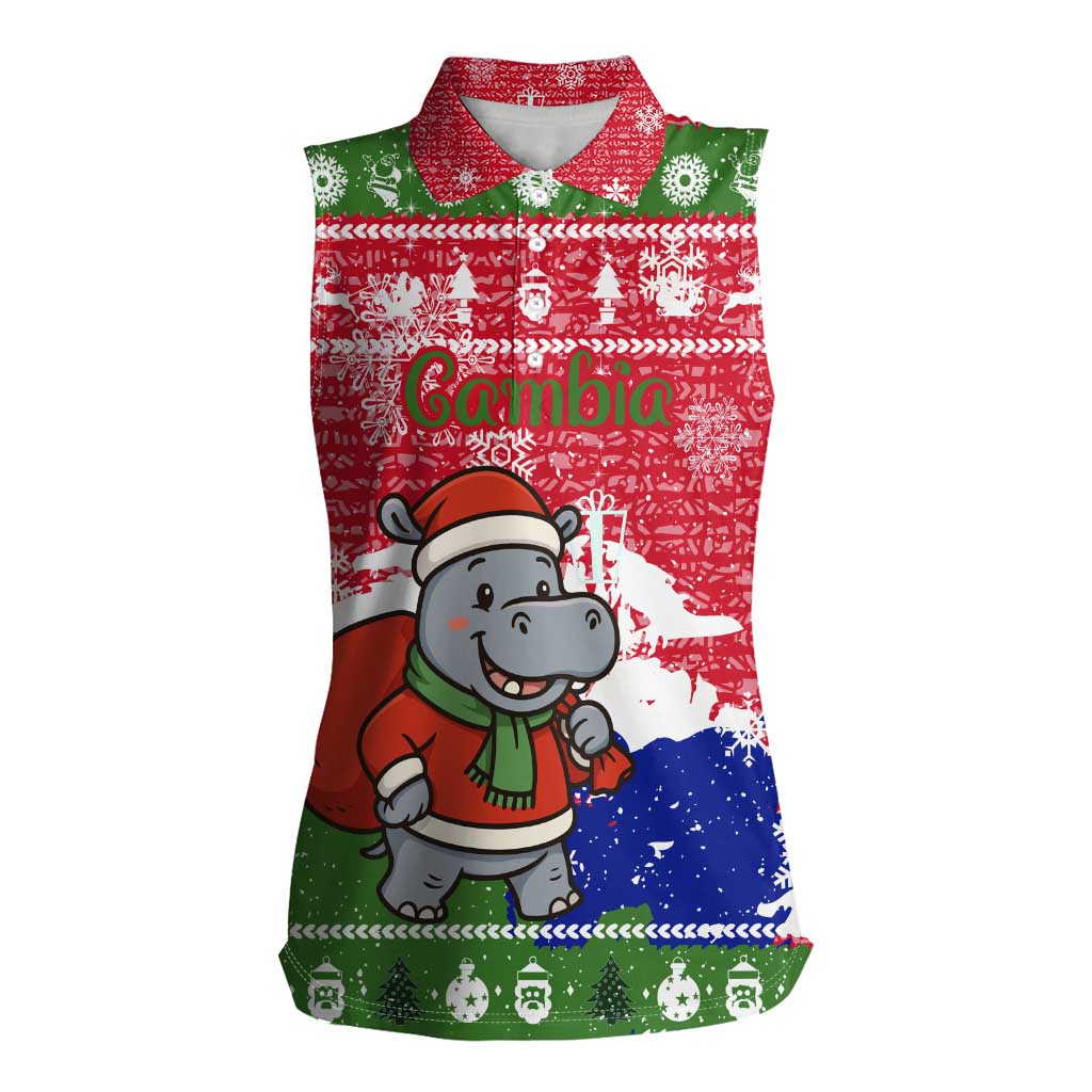Gambia Christmas Women Sleeveless Polo Shirt with Santa Hippo National Coat of Arms Snowflakes and Festive Holiday - Wonder Print Shop
