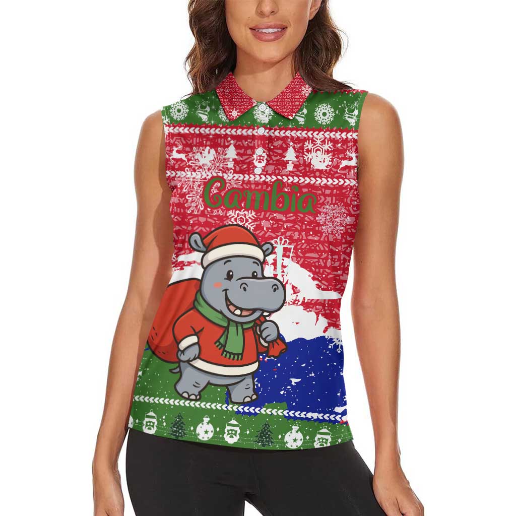 Gambia Christmas Women Sleeveless Polo Shirt with Santa Hippo National Coat of Arms Snowflakes and Festive Holiday - Wonder Print Shop