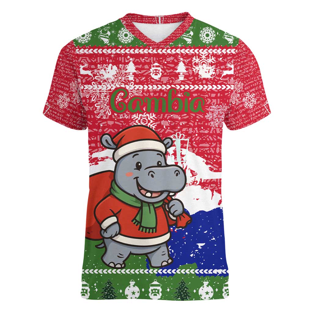 Gambia Christmas Women V-Neck T-Shirt with Santa Hippo National Coat of Arms Snowflakes and Festive Holiday - Wonder Print Shop