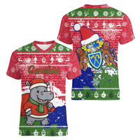 Gambia Christmas Women V-Neck T-Shirt with Santa Hippo National Coat of Arms Snowflakes and Festive Holiday - Wonder Print Shop