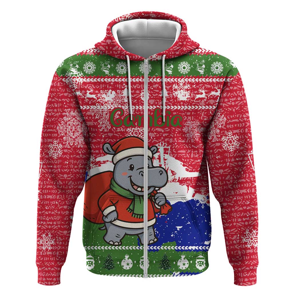 Gambia Christmas Zip Hoodie with Santa Hippo National Coat of Arms Snowflakes and Festive Holiday - Wonder Print Shop