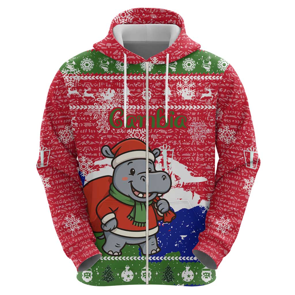 Gambia Christmas Zip Hoodie with Santa Hippo National Coat of Arms Snowflakes and Festive Holiday - Wonder Print Shop