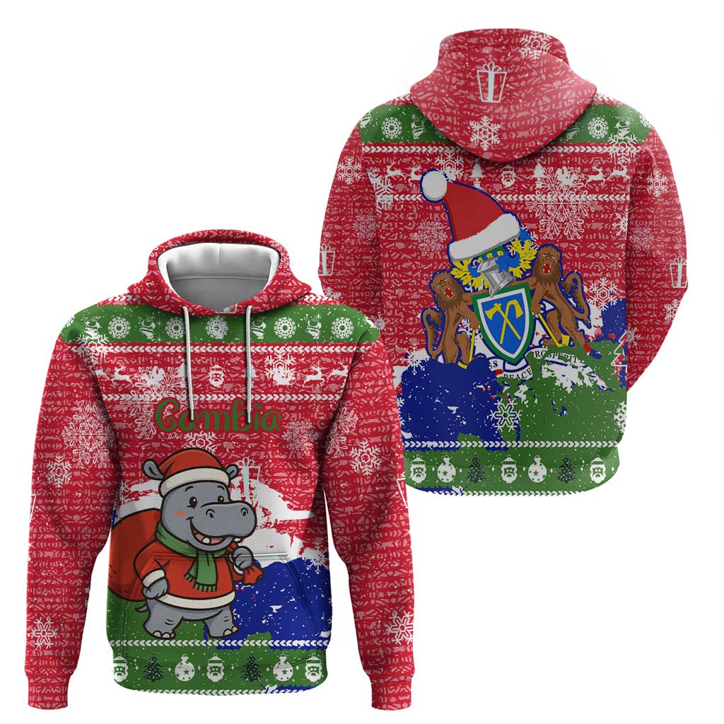 Gambia Christmas Zip Hoodie with Santa Hippo National Coat of Arms Snowflakes and Festive Holiday - Wonder Print Shop