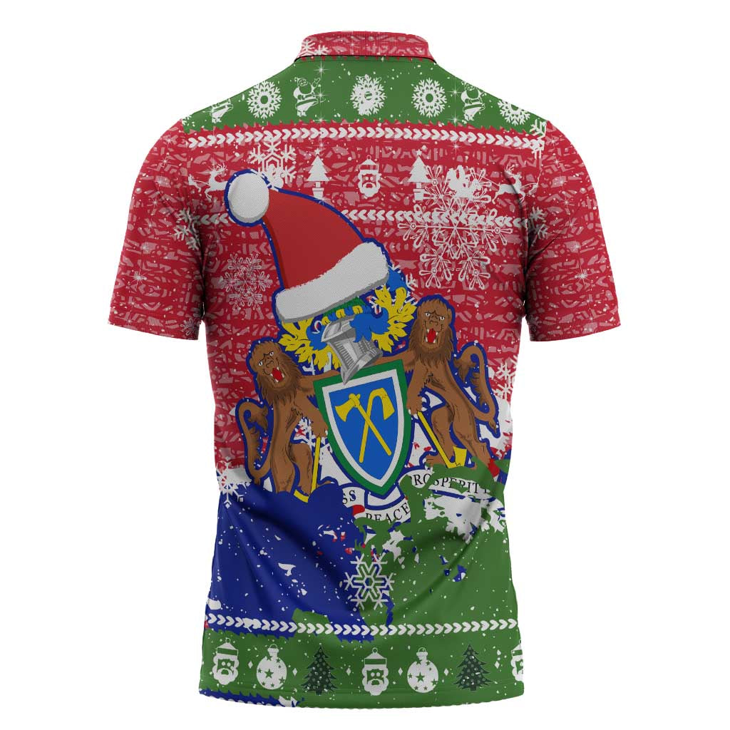 Gambia Christmas Zipper Polo Shirt with Santa Hippo National Coat of Arms Snowflakes and Festive Holiday - Wonder Print Shop