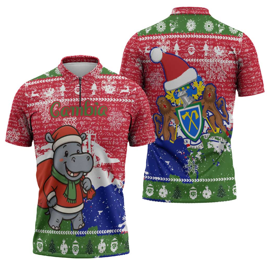 Gambia Christmas Zipper Polo Shirt with Santa Hippo National Coat of Arms Snowflakes and Festive Holiday - Wonder Print Shop