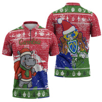 Gambia Christmas Zipper Polo Shirt with Santa Hippo National Coat of Arms Snowflakes and Festive Holiday - Wonder Print Shop