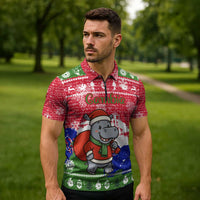 Gambia Christmas Zipper Polo Shirt with Santa Hippo National Coat of Arms Snowflakes and Festive Holiday - Wonder Print Shop