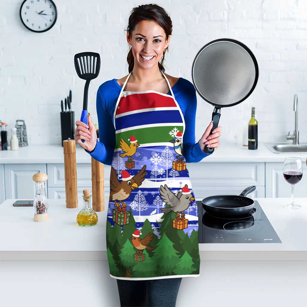 Gambia Christmas Apron with Santa Birds Gift Boxes Forest Scene and Snowflake Pattern Design - Wonder Print Shop