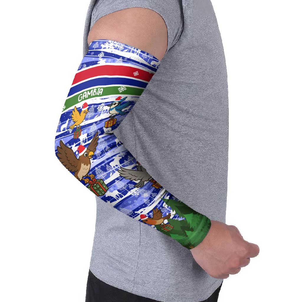 Gambia Christmas Arm Sleeves with Santa Birds Gift Boxes Forest Scene and Snowflake Pattern Design - Wonder Print Shop