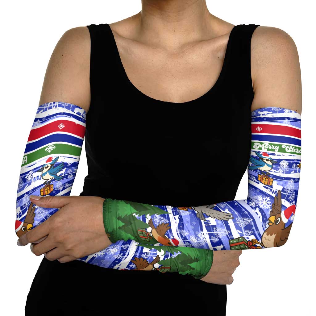 Gambia Christmas Arm Sleeves with Santa Birds Gift Boxes Forest Scene and Snowflake Pattern Design - Wonder Print Shop