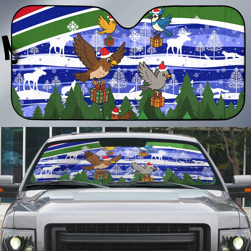 Gambia Christmas Auto Sun Shade with Santa Birds Gift Boxes Forest Scene and Snowflake Pattern Design - Wonder Print Shop