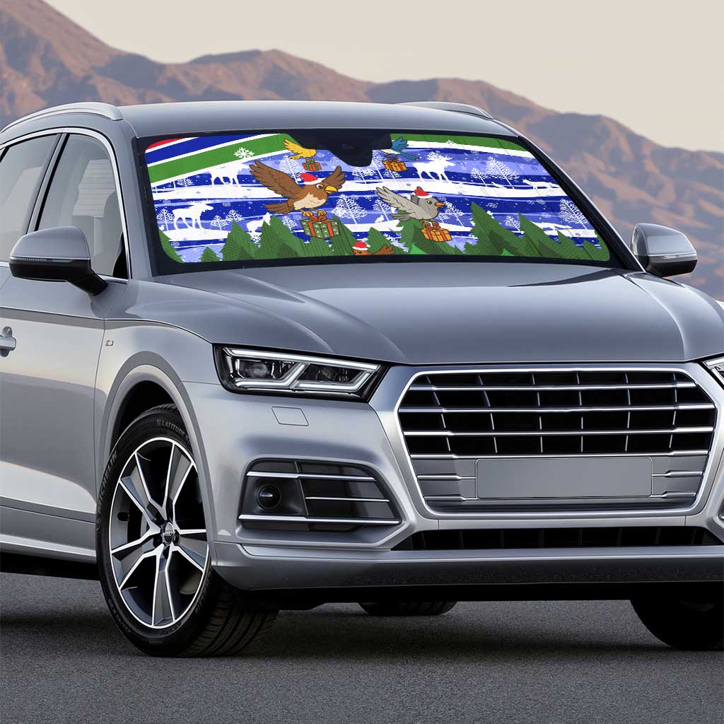 Gambia Christmas Auto Sun Shade with Santa Birds Gift Boxes Forest Scene and Snowflake Pattern Design - Wonder Print Shop