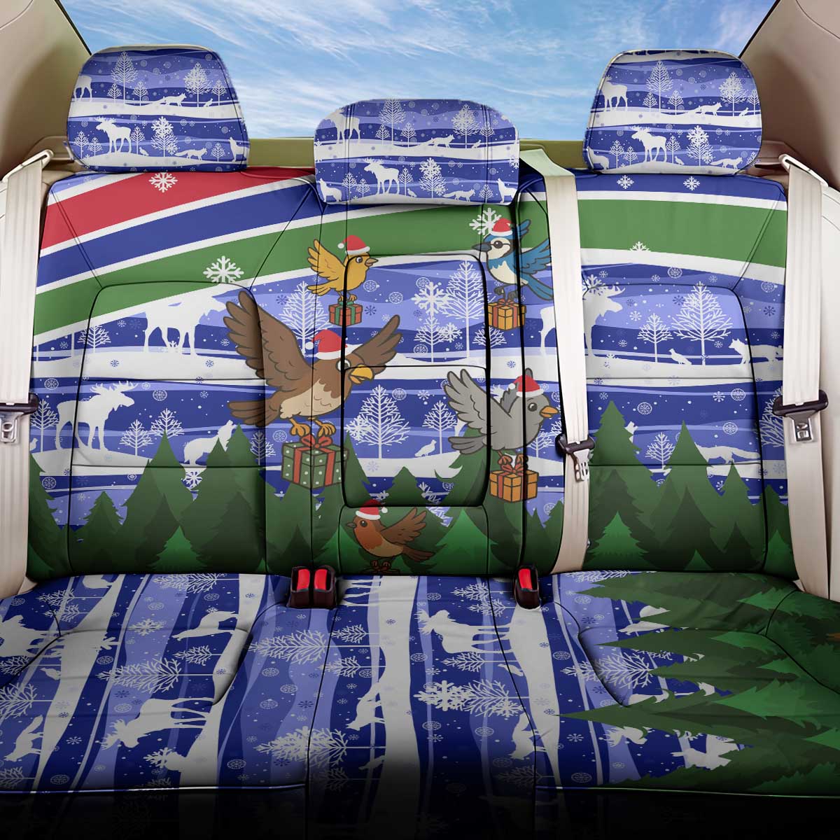 Gambia Christmas Back Car Seat Cover with Santa Birds Gift Boxes Forest Scene and Snowflake Pattern Design - Wonder Print Shop