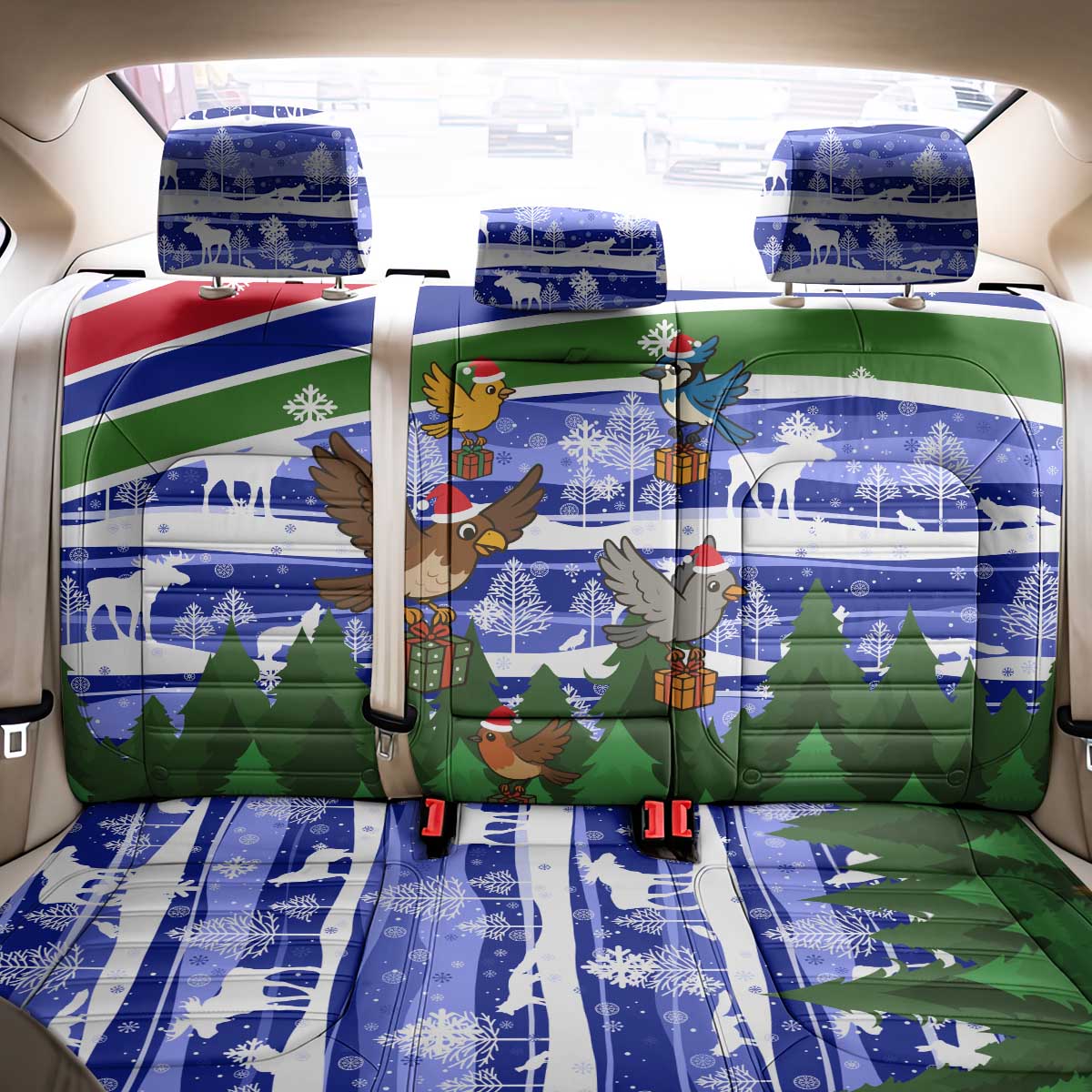 Gambia Christmas Back Car Seat Cover with Santa Birds Gift Boxes Forest Scene and Snowflake Pattern Design - Wonder Print Shop