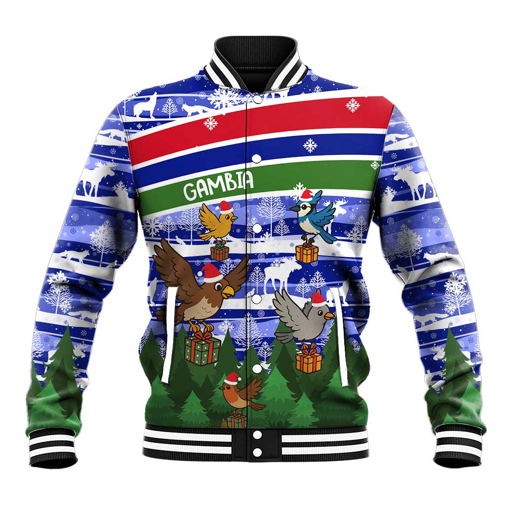 Gambia Christmas Baseball Jacket with Santa Birds Gift Boxes Forest Scene and Snowflake Pattern Design - Wonder Print Shop
