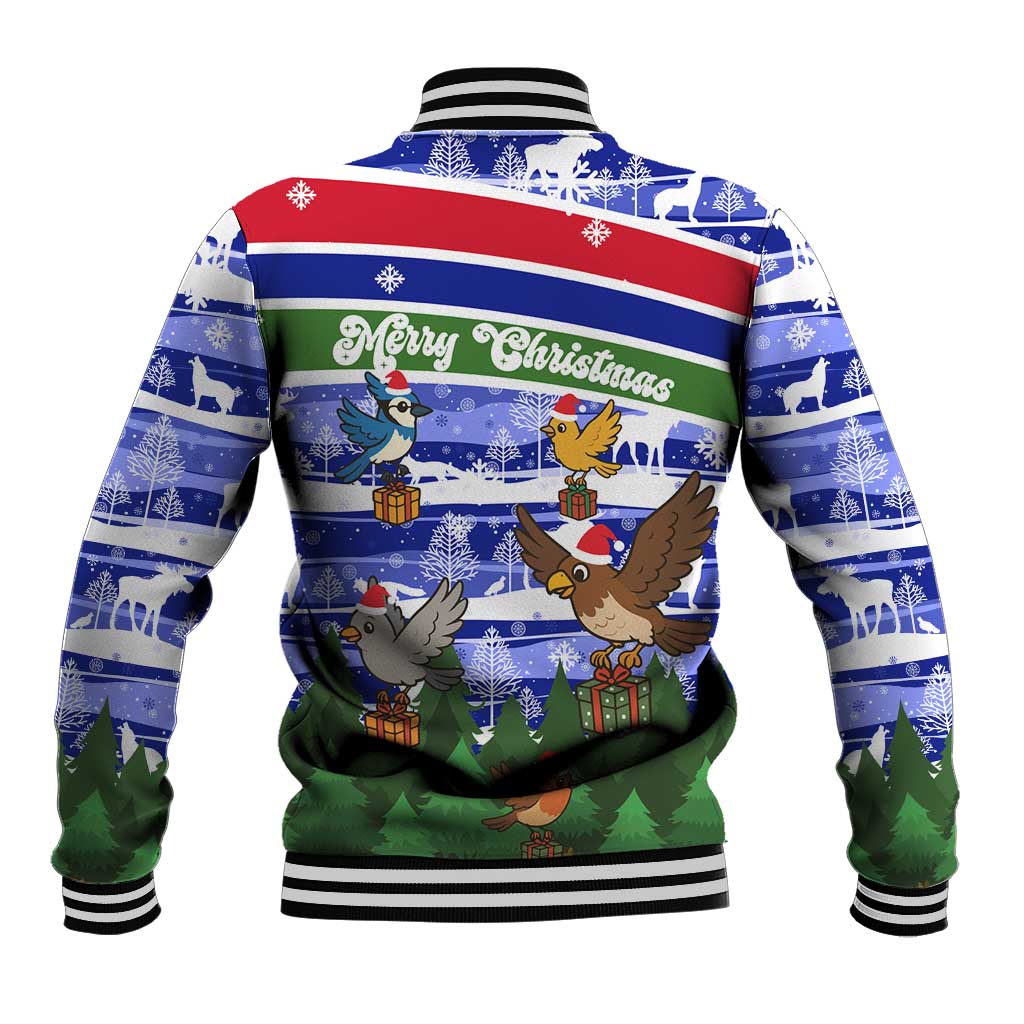 Gambia Christmas Baseball Jacket with Santa Birds Gift Boxes Forest Scene and Snowflake Pattern Design - Wonder Print Shop