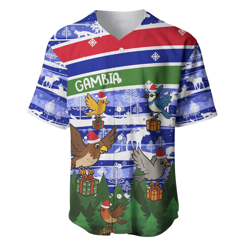 Gambia Christmas Baseball Jersey with Santa Birds Gift Boxes Forest Scene and Snowflake Pattern Design - Wonder Print Shop