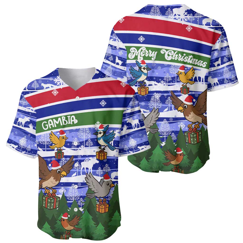 Gambia Christmas Baseball Jersey with Santa Birds Gift Boxes Forest Scene and Snowflake Pattern Design - Wonder Print Shop