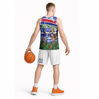Gambia Christmas Basketball Jersey with Santa Birds Gift Boxes Forest Scene and Snowflake Pattern Design - Wonder Print Shop